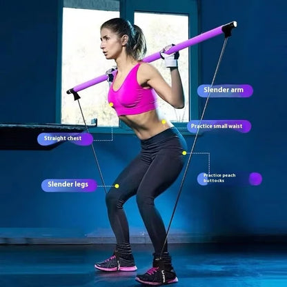 Pilates Stick Adjustable Fitness Bar with Resistance Bands for Home Workout